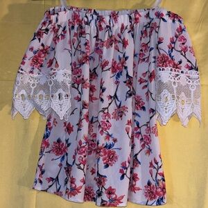 Love J Pink Floral Off-Shoulder Blouse with White Lace